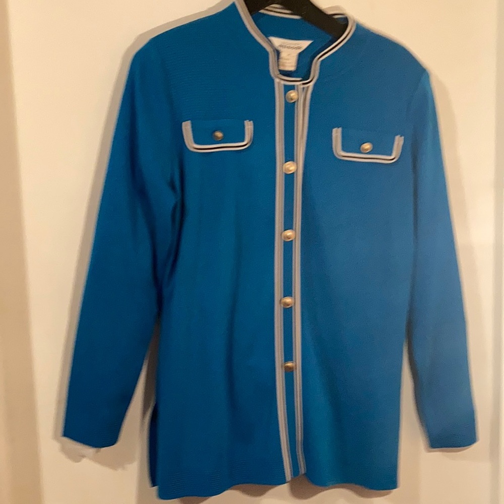 Misook Vintage Blue Cardigan Black and White Trim